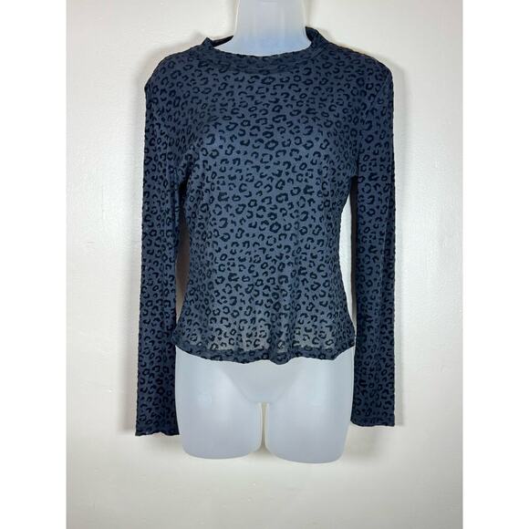 Y2K 90s Sheer Long Sleeve Velvet Burnout Stretch Womens Top Leopard Black medium - Picture 1 of 5